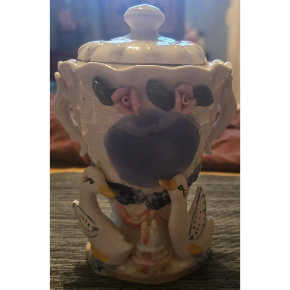 RARE GEESE CERAMIC SUGAR BOWL TWO DRESSED UP GEESE WHITE BLUE & PINK W/ LID